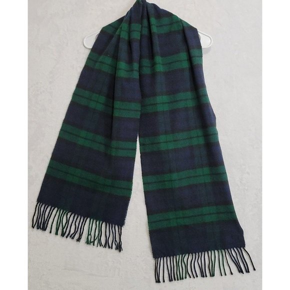 Cashmink Scarf By V. Fraas Super Soft Green Blue Tartan Plaid Scarf W/ Fringe - Picture 1 of 6
